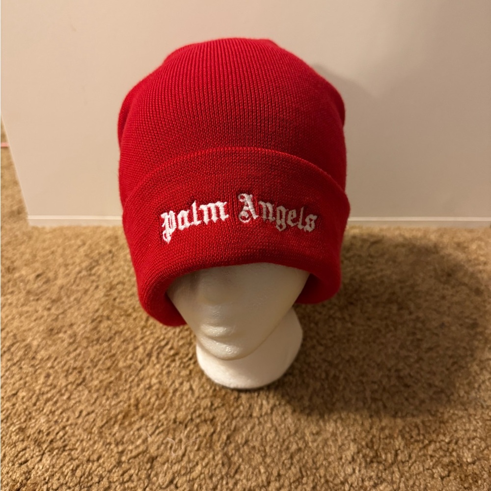 Palm Angels Men’s Red Knit Beanie with White Logo